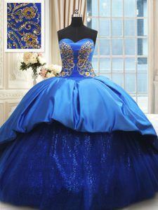 With Train Royal Blue 15th Birthday Dress Satin Court Train Sleeveless Beading and Embroidery