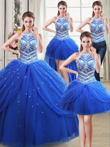 Four Piece Halter Top Sleeveless Floor Length Beading and Pick Ups Lace Up Quinceanera Gown with Royal Blue