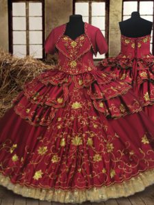 Beading and Embroidery and Ruffled Layers Quinceanera Dress Wine Red Lace Up Sleeveless Floor Length
