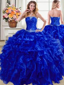 Custom Made Sleeveless Floor Length Beading and Ruffles Lace Up Ball Gown Prom Dress with Royal Blue