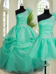 Three Piece Turquoise Ball Gowns Organza One Shoulder Sleeveless Beading and Hand Made Flower Floor Length Lace Up 15th Birthday Dress