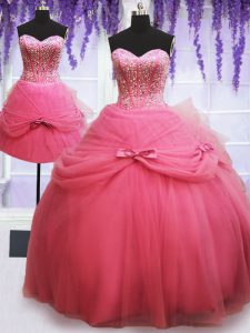 Captivating Three Piece Rose Pink Sleeveless Tulle Lace Up Quinceanera Gown for Military Ball and Sweet 16 and Quinceanera