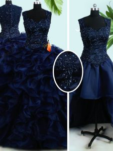 Sumptuous Four Piece Straps Navy Blue Sleeveless Organza Zipper Sweet 16 Quinceanera Dress for Military Ball and Sweet 16 and Quinceanera