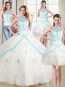 Four Piece White Quinceanera Gown Military Ball and Sweet 16 and Quinceanera and For with Beading and Appliques Halter Top Sleeveless Lace Up