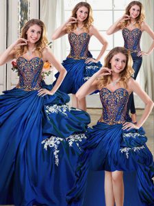 Eye-catching Four Piece Floor Length Lace Up 15th Birthday Dress Royal Blue for Military Ball and Sweet 16 and Quinceanera with Beading and Appliques and Pick Ups