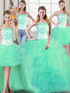 Vintage Four Piece Floor Length Turquoise Sweet 16 Dress Tulle Sleeveless Beading and Appliques and Ruffles