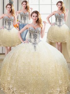 Beautiful Four Piece Sweetheart Sleeveless Quinceanera Gown Floor Length Beading and Lace Champagne Tulle and Lace