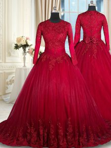 Super Wine Red Scoop Neckline Beading and Lace and Bowknot Sweet 16 Quinceanera Dress Long Sleeves Clasp Handle