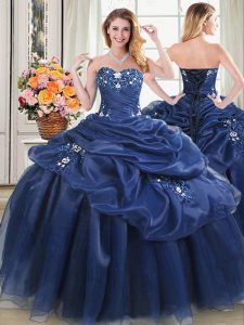 Fabulous Floor Length Navy Blue 15th Birthday Dress Organza Sleeveless Beading and Pick Ups