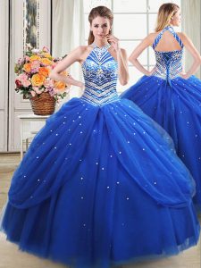 Best Selling Halter Top Sleeveless 15 Quinceanera Dress Floor Length Beading and Pick Ups Royal Blue Tulle
