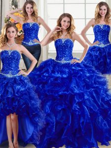 New Style Four Piece Floor Length Royal Blue Vestidos de Quinceanera Organza Sleeveless Beading and Ruffles