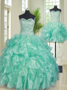 Top Selling Three Piece Apple Green Ball Gowns Sweetheart Sleeveless Organza Floor Length Lace Up Beading and Ruffles 15 Quinceanera Dress
