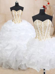 Enchanting Three Piece White Ball Gowns Organza Sweetheart Sleeveless Beading and Ruffles Floor Length Lace Up Quinceanera Gown