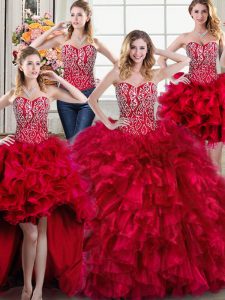 Four Piece Sleeveless Beading and Ruffles Lace Up Sweet 16 Dresses with Red Brush Train
