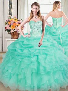Captivating Sleeveless Organza Floor Length Lace Up Vestidos de Quinceanera in Apple Green with Beading and Ruffles and Pick Ups
