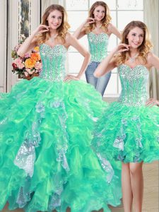 Three Piece Sequins Floor Length Turquoise 15 Quinceanera Dress Sweetheart Sleeveless Lace Up