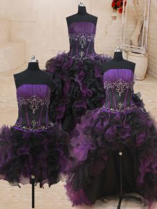 Four Piece Beading and Ruffles Quinceanera Dresses Black and Purple Lace Up Sleeveless Floor Length