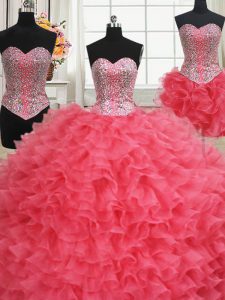 Elegant Three Piece Sweetheart Sleeveless Quinceanera Gown Floor Length Beading and Ruffles Coral Red Organza