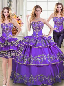 Best Selling Three Piece Eggplant Purple Quince Ball Gowns Military Ball and Sweet 16 and Quinceanera and For with Embroidery and Ruffled Layers Sweetheart Sleeveless Lace Up