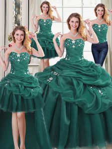 Elegant Four Piece Dark Green Ball Gowns Sweetheart Sleeveless Organza Floor Length Lace Up Beading and Ruffles and Pick Ups Sweet 16 Dress