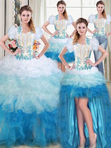 Captivating Four Piece Organza Sleeveless Floor Length Sweet 16 Dresses and Beading and Appliques and Ruffles