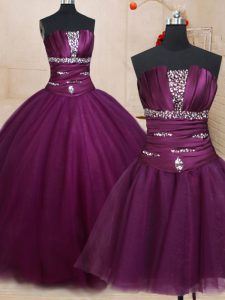 Three Piece Dark Purple Sleeveless Floor Length Beading Lace Up 15 Quinceanera Dress