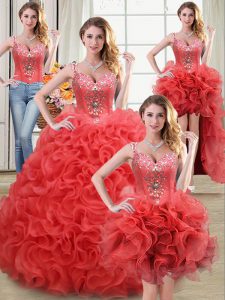 Best Selling Four Piece Coral Red Straps Neckline Beading and Ruffles Quinceanera Gowns Sleeveless Zipper