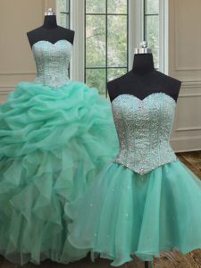 Sumptuous Three Piece Turquoise Ball Gowns Beading and Ruffles and Pick Ups Sweet 16 Dresses Lace Up Organza Sleeveless Floor Length