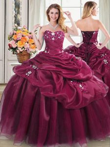 Modest Burgundy Organza Lace Up Quinceanera Dresses Sleeveless Floor Length Appliques and Pick Ups