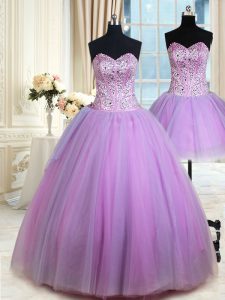 Three Piece Floor Length Ball Gowns Sleeveless Lavender Sweet 16 Quinceanera Dress Lace Up
