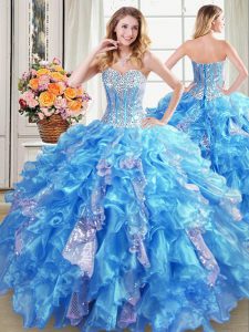 Best Selling Floor Length Baby Blue Vestidos de Quinceanera Organza Sleeveless Beading and Ruffles and Sequins