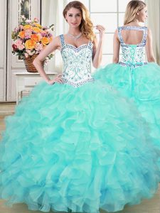 Inexpensive Straps Aqua Blue Sleeveless Organza Lace Up Quinceanera Gowns for Military Ball and Sweet 16 and Quinceanera
