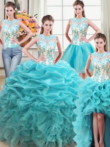 Four Piece Scoop Floor Length Aqua Blue Quinceanera Gown Organza Sleeveless Beading and Ruffles