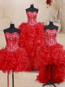 Elegant Four Piece Red Ball Gowns Sweetheart Sleeveless Organza Floor Length Lace Up Beading and Ruffles Sweet 16 Dresses