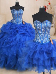 Three Piece Floor Length Royal Blue Sweet 16 Dresses Organza Sleeveless Beading and Ruffles
