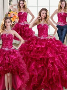 Popular Four Piece Sleeveless Lace Up Floor Length Beading and Ruffles Quinceanera Dress