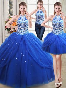 Three Piece Halter Top Tulle Sleeveless Floor Length Quinceanera Dresses and Beading and Pick Ups