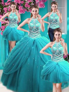 Best Four Piece Halter Top Sleeveless Tulle Floor Length Lace Up 15 Quinceanera Dress in Aqua Blue with Beading and Pick Ups