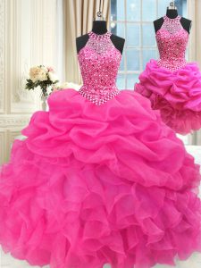 New Arrival Three Piece Pick Ups Halter Top Sleeveless Lace Up Quinceanera Gown Hot Pink Organza