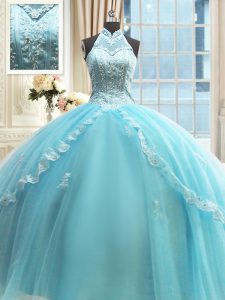 Free and Easy Halter Top Sleeveless Lace Up Floor Length Beading and Lace and Appliques Quinceanera Gowns