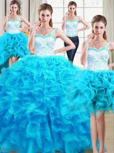Adorable Four Piece Baby Blue Straps Neckline Beading and Ruffles Sweet 16 Quinceanera Dress Sleeveless Lace Up