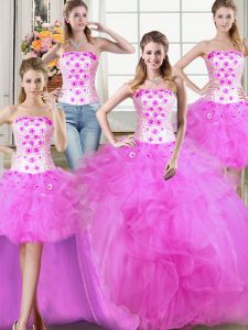 Four Piece Floor Length Fuchsia Quinceanera Gown Strapless Sleeveless Lace Up