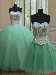 Delicate Three Piece Tulle Sweetheart Sleeveless Lace Up Beading Sweet 16 Dress in Apple Green