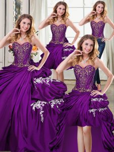 Fabulous Four Piece Taffeta Sleeveless Floor Length Quinceanera Dresses and Beading and Appliques and Pick Ups