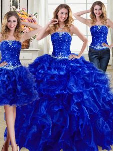 Eye-catching Three Piece Royal Blue Ball Gowns Organza Strapless Sleeveless Beading and Ruffles Floor Length Lace Up 15 Quinceanera Dress