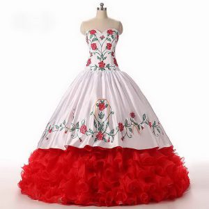 Fine Sweetheart Sleeveless Sweet 16 Dress Floor Length Embroidery and Ruffled Layers White and Red Organza