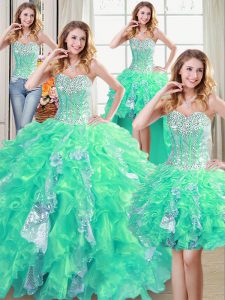 Popular Four Piece Sequins Sweetheart Sleeveless Lace Up Ball Gown Prom Dress Turquoise Organza
