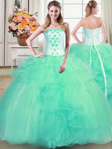 Luxury Sleeveless Lace Up Floor Length Beading and Appliques and Ruffles Quinceanera Gown