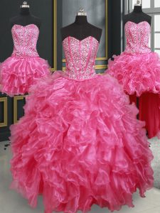 Popular Four Piece Ball Gowns 15 Quinceanera Dress Hot Pink Sweetheart Organza Sleeveless Floor Length Lace Up