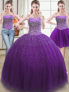 Cute Three Piece Purple Sleeveless Tulle Lace Up Ball Gown Prom Dress for Military Ball and Sweet 16 and Quinceanera